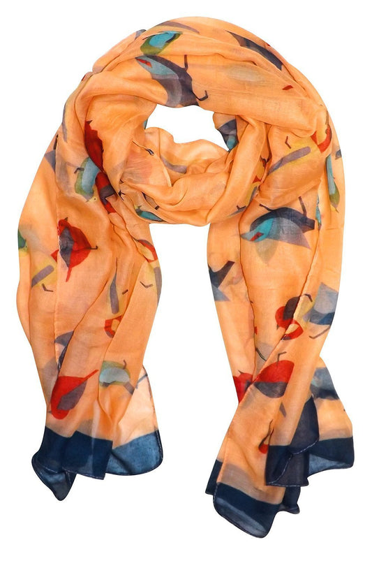 Wholesale Bulk Lot: Cute Vintage Finch Bird Print Graphic Lightweight Tangerine Scarf for Resellers