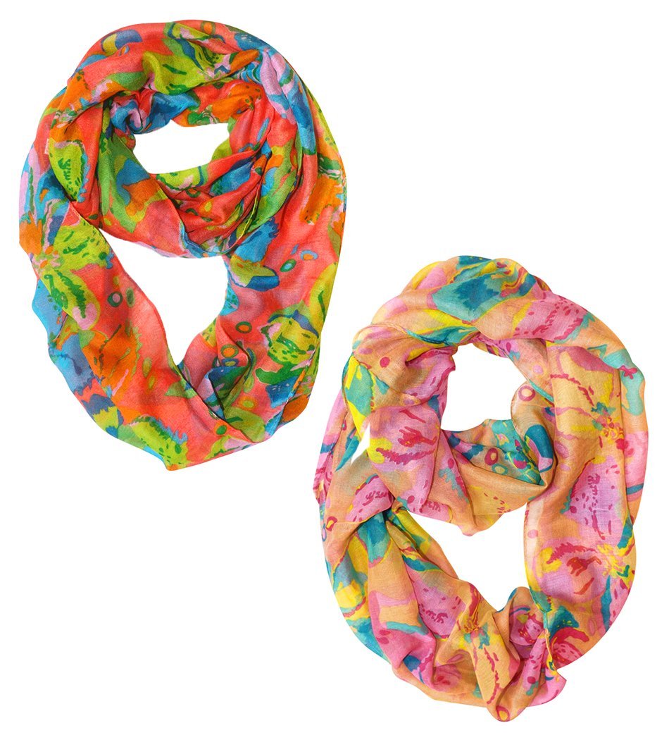 Wholesale Bulk Lot: 2 Pack Cherry Blossom Floral Infinity Loop Scarves Coral & Tan Reseller Pack