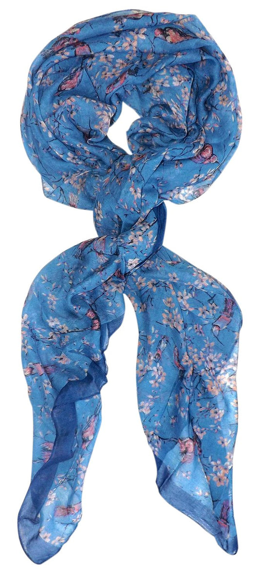 Wholesale Bulk Lot: Vintage Floral Cherry Blossom Print Sheer Hair Scarf Sky Blue Reseller Pack
