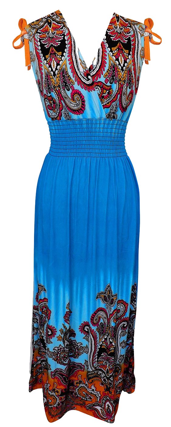 Wholesale Bulk Lot: Multicolor Tropical Border Print Maxi Dress Blue Large