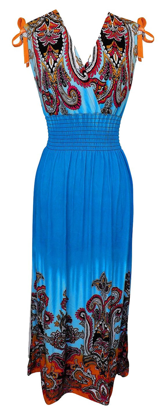 Wholesale Bulk Lot: Multicolor Tropical Border Print Maxi Dress Blue Large