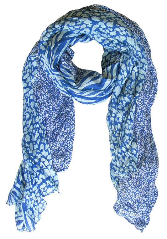 Wholesale Bulk Lot: Retro Zebra Leopard Animal Print Crinkle Scarf Wrap Blue White Reseller Pack