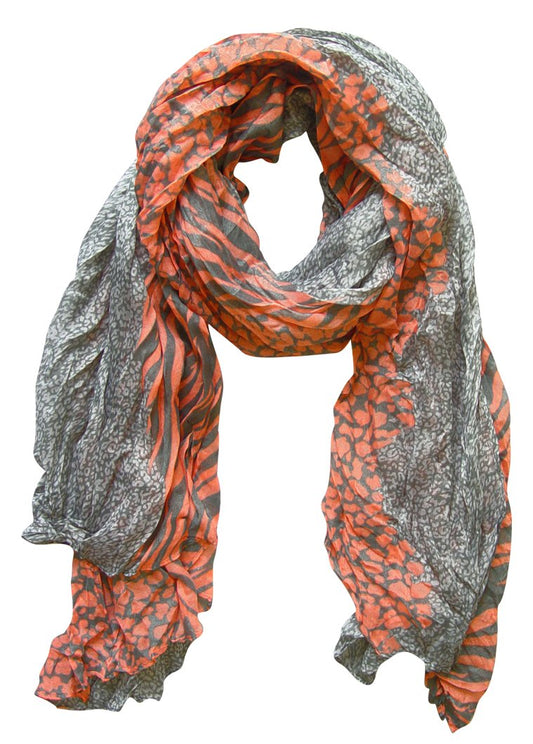 Wholesale Lot: Retro Zebra Leopard Animal Print Crinkle Scarf Wrap Grey Salmon for Resellers