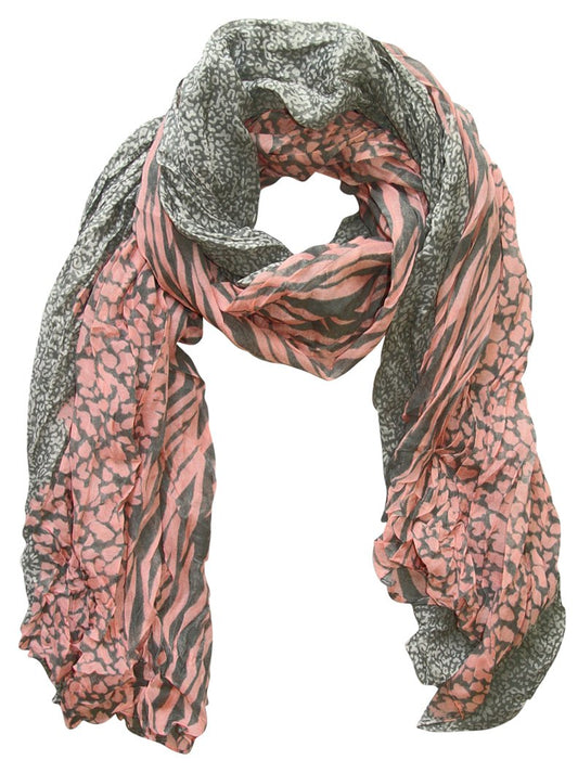 Wholesale Bulk Lot: Retro Zebra Leopard Mix Animal Print Crinkle Scarf Wrap Grey Pink Reseller Pack