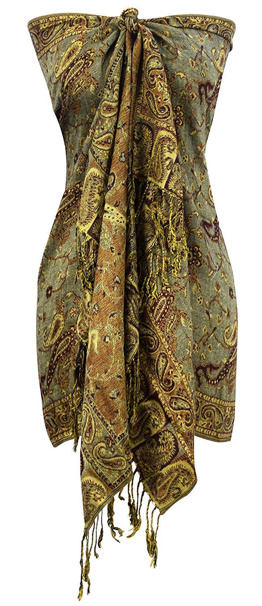 Wholesale Bulk Lot Reversible Paisley Pashmina Shawl Double Layer Sage Scarf for Resellers