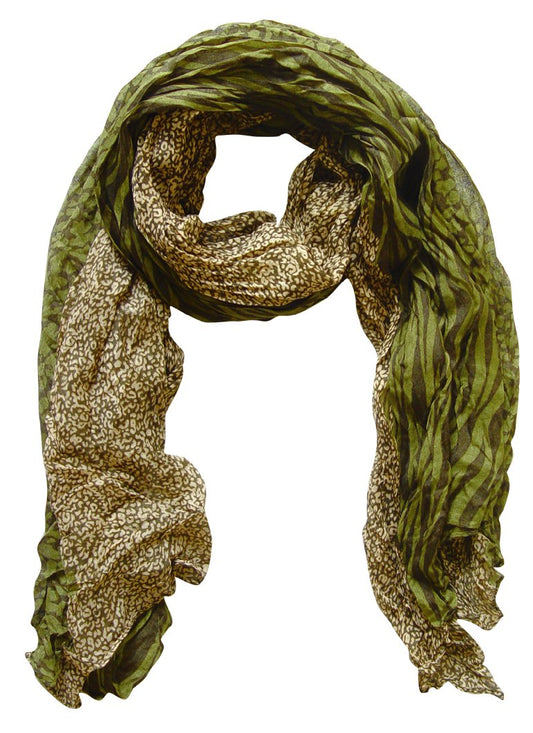 Wholesale Bulk Lot: Retro Zebra Leopard Animal Print Crinkle Scarf Wrap Cream Green for Resellers