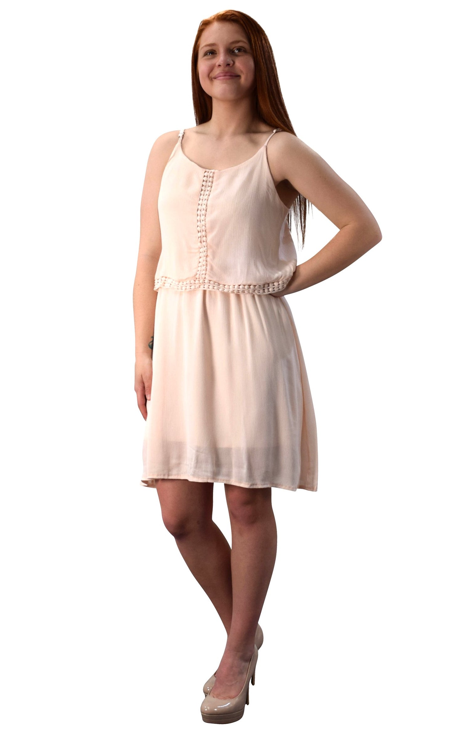 Wholesale Bulk Lot: Cut Out Back Knee Length Crochet Lining Crepe Dress Blush L