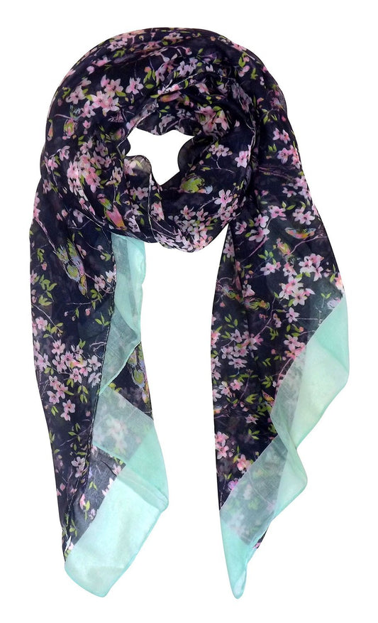 Wholesale Bulk Lot Vintage Floral Hummingbird Print Navy Sheer Scarf Reseller Pack