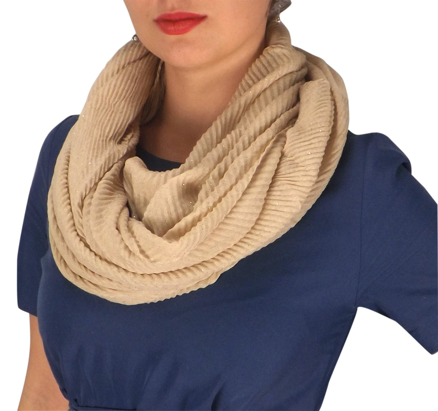 Wholesale Bulk Lot: Lightweight Sheer Shimmering Crinkle Pattern Infinity Loop Scarf Beige Reseller