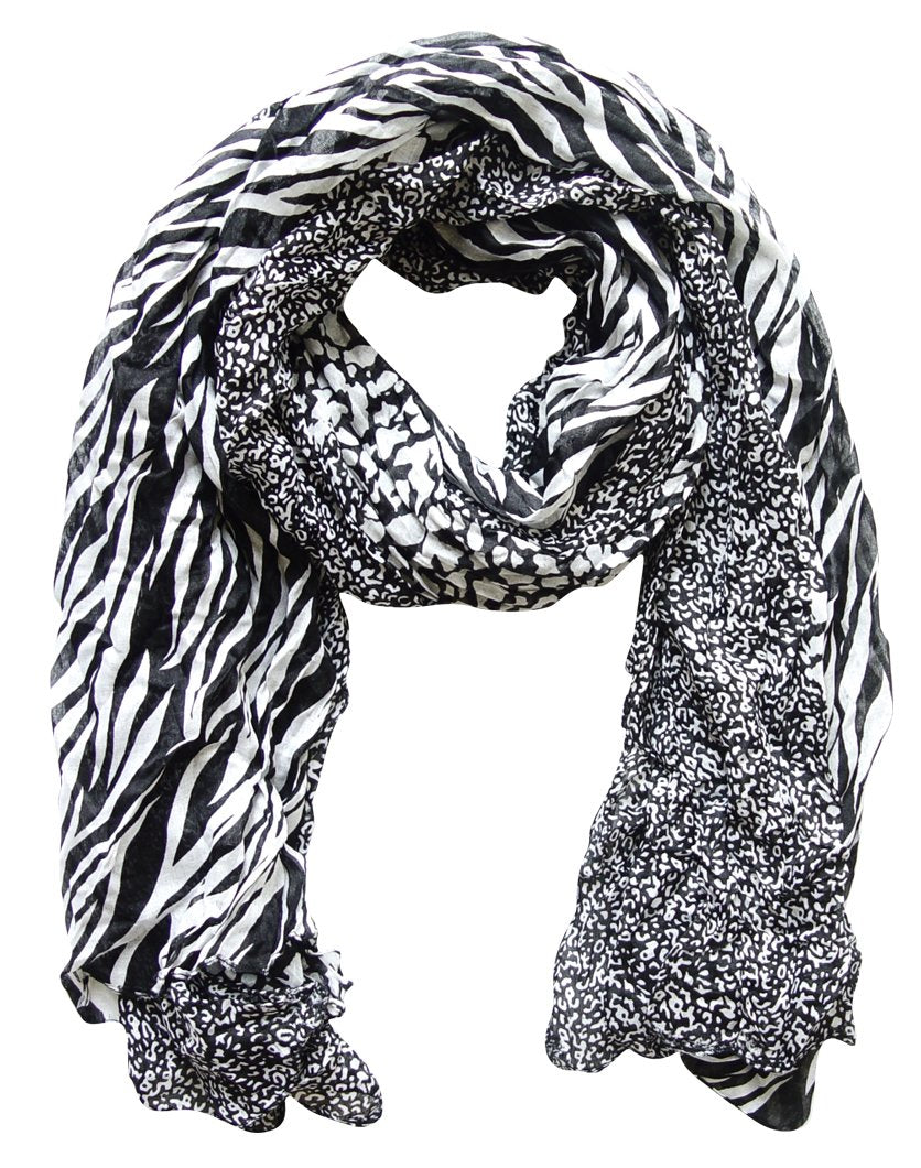 Wholesale Bulk Lot: Retro Zebra Leopard Animal Print Crinkle Scarf Wrap Reseller Pack Black White