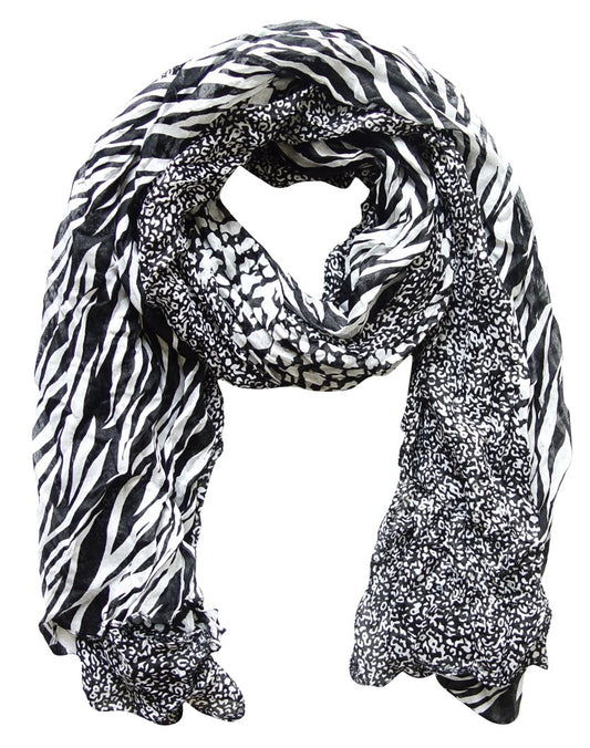 Wholesale Bulk Lot: Retro Zebra Leopard Animal Print Crinkle Scarf Wrap Reseller Pack Black White