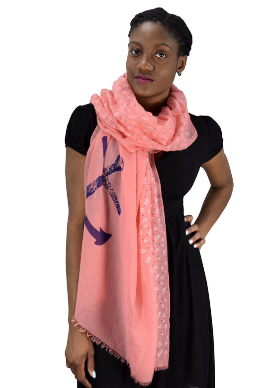 Wholesale Bulk Lot: Nautical Anchor and Heart Print Lightweight Summer Scarf Coral Reseller Pack