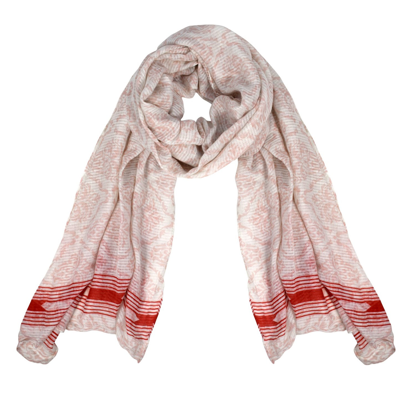 Wholesale Bulk Lot: Womens Summer Lightweight Damask Print Long Scarf White Red Reseller Pack