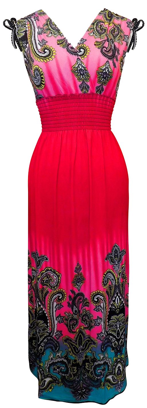 Wholesale Bulk Lot: Multicolor Tropical Border Print Maxi Dress Fuchsia Large