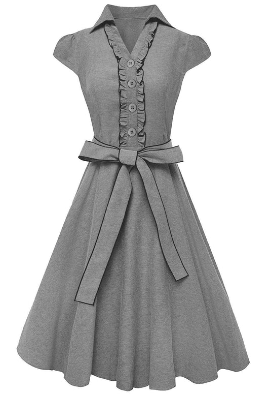 Wholesale Bulk Lot: Cotton Ruffle Neck Tie Cap Sleeve Knee Length Sundress Grey S