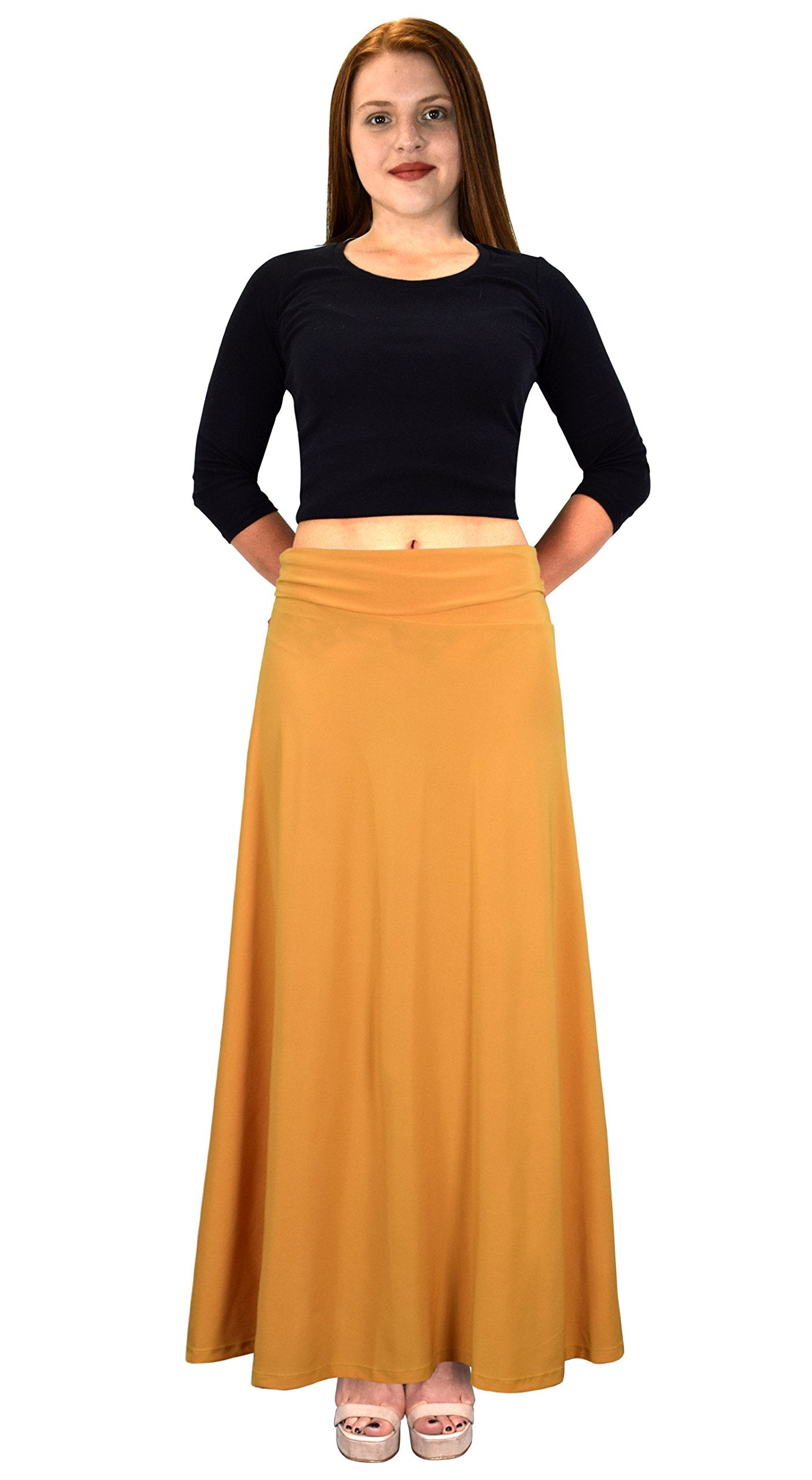 Wholesale Bulk Lot: Women's Fold Over Jersey Maxi Skirt, Solid Mustard, Large