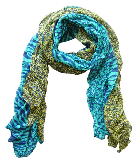 Wholesale Bulk Lot: Retro Zebra Leopard Animal Print Crinkle Scarf Teal Yellow Reseller Pack