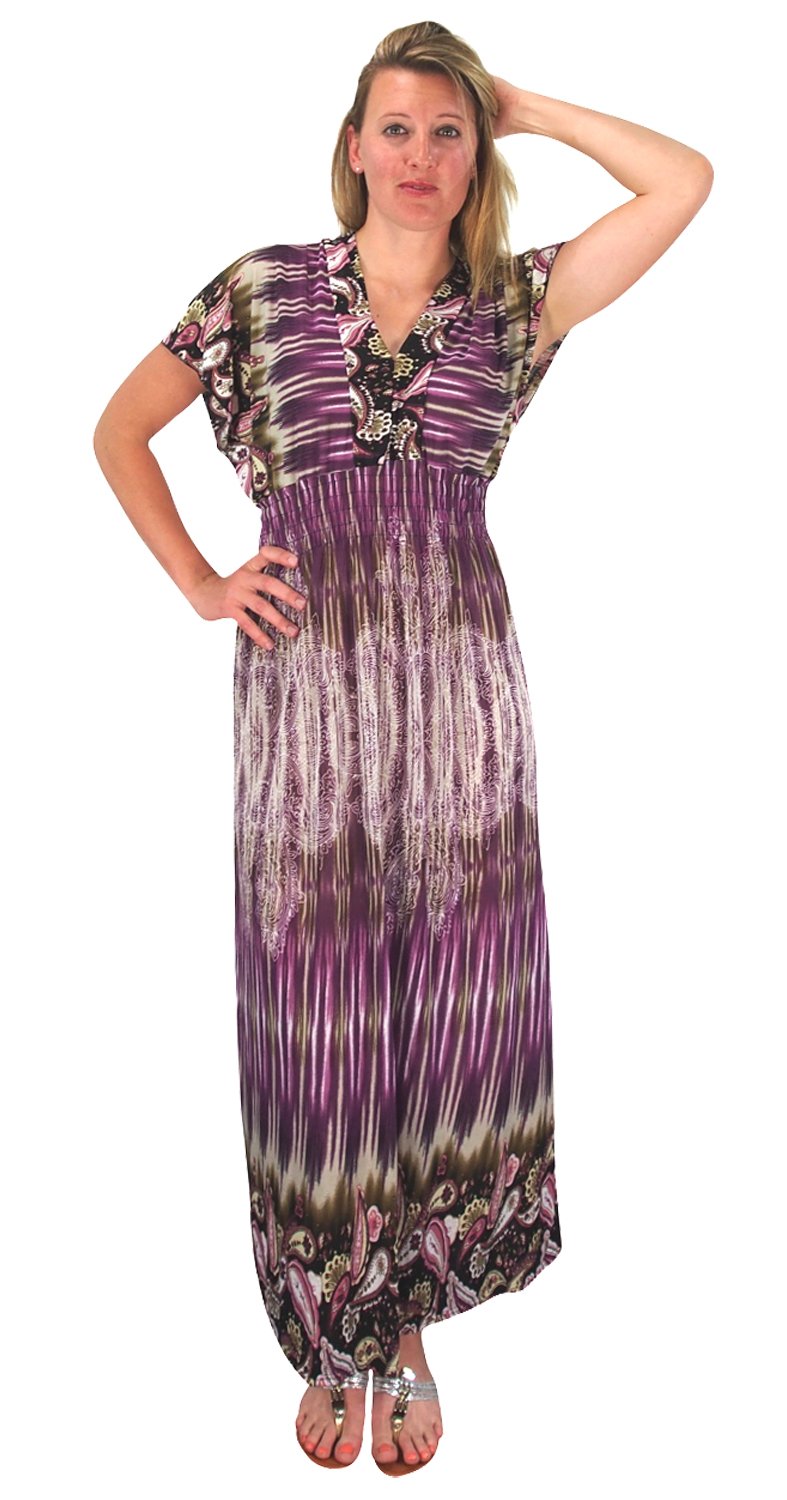 Wholesale Lot: Purple Damask Print V Neck Smocked Plus Size Maxi Dress 1X