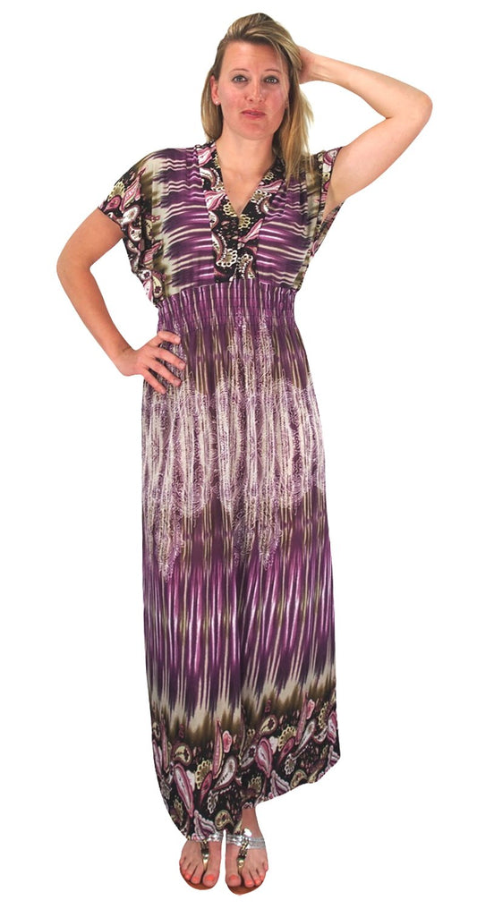 Wholesale Lot: Purple Damask Print V Neck Smocked Plus Size Maxi Dress 1X