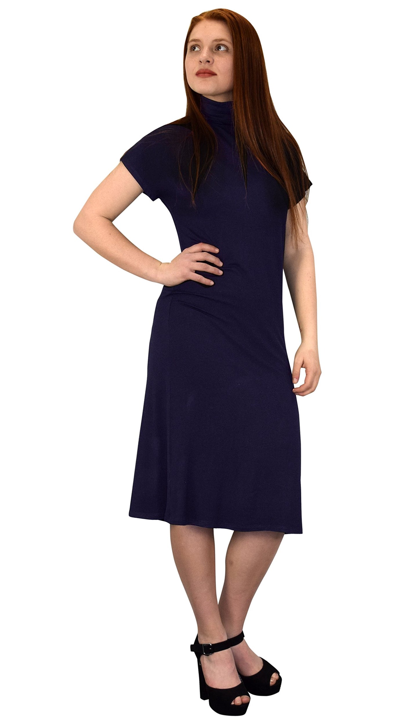 Wholesale Bulk Lot: Turtle Neck Short Sleeve Midi Dress Navy Medium