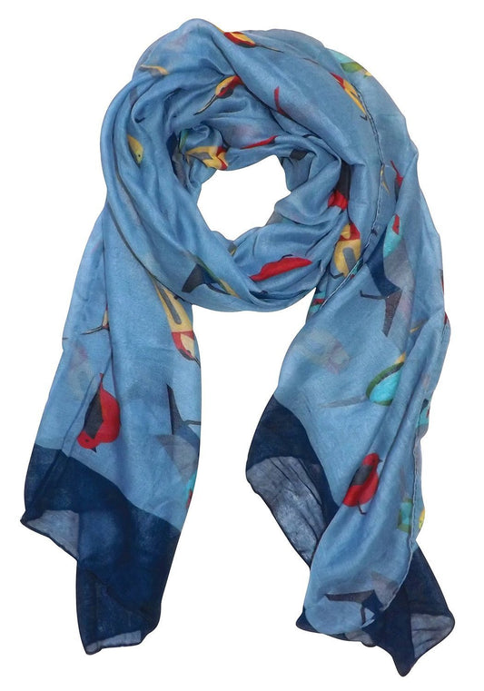 Wholesale Bulk Lot: Vintage Finch Bird Print Lightweight Graphic Scarf Light Blue Reseller Pack