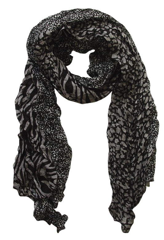 Wholesale Bulk Lot: Retro Zebra Leopard Animal Print Crinkle Scarf Grey Black Reseller Pack