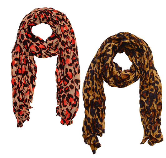 Wholesale Bulk Lot: Women's Leopard Animal Print Crinkle Scarf Wrap Salmon Brown Reseller Pack