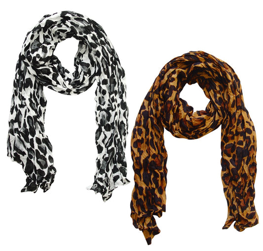 Wholesale Bulk Lot: Leopard Animal Print Crinkle Scarf Wrap White Brown Reseller Pack