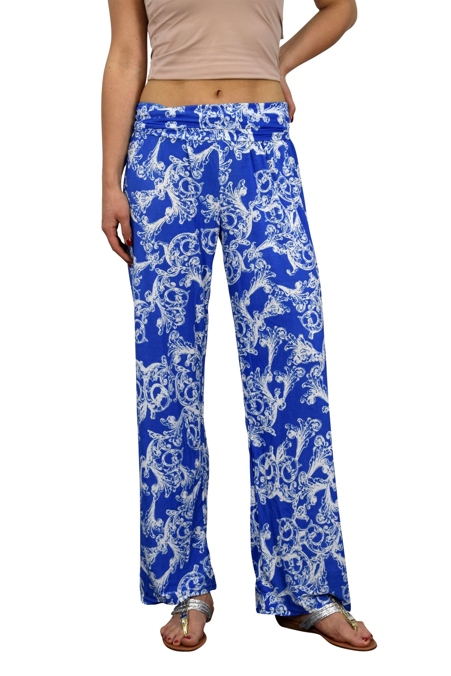 Wholesale Bulk Lot: Women's Floral Blue Elastic Waist Palazzo Pants, Size Large