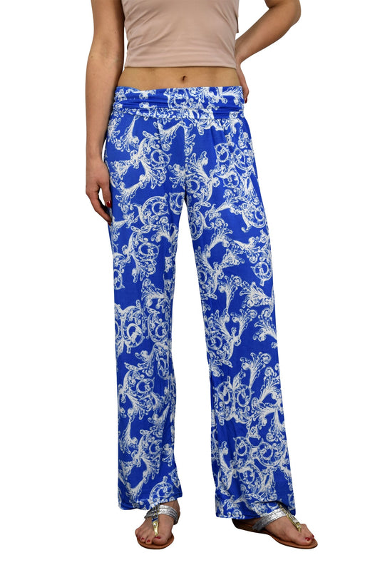 Wholesale Bulk Lot: Women's Floral Blue Elastic Waist Palazzo Pants, Size Large