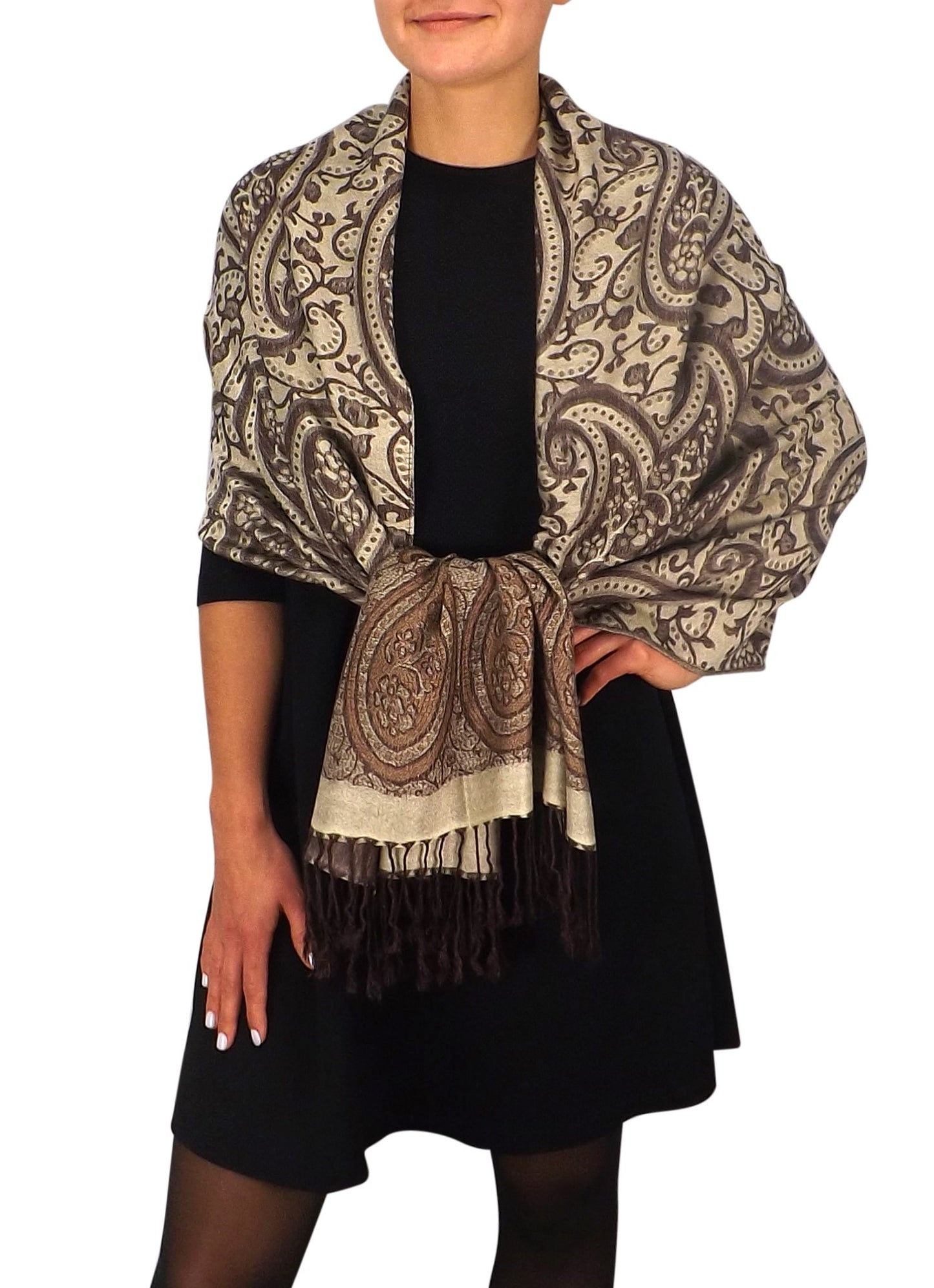 Wholesale Bulk Lot Vintage Paisley Pashmina Scarf Vine Fringe Shawl Wrap Brown for Resellers