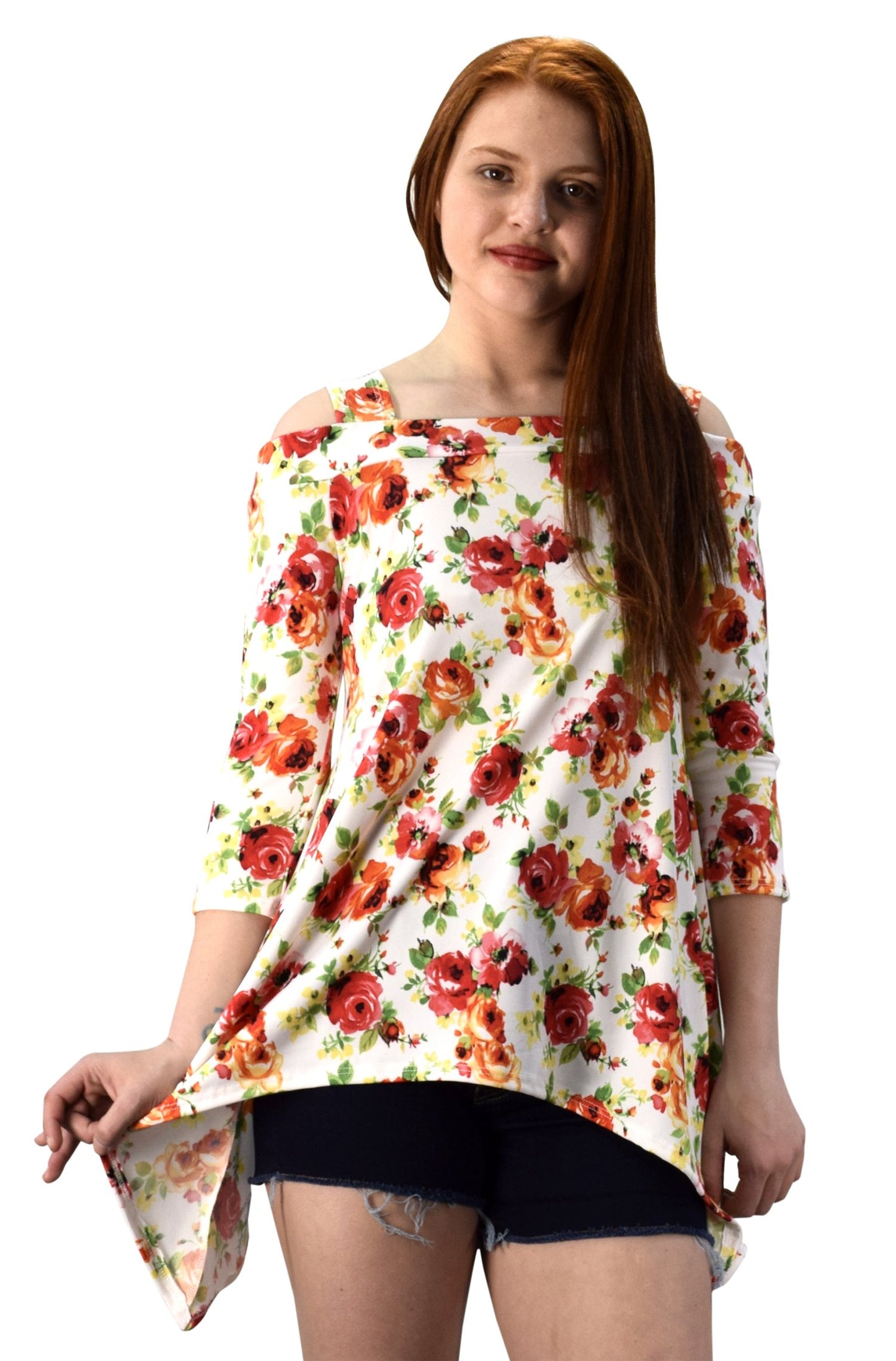 Wholesale Bulk Lot: Womens Cut Out Shoulder 3/4 Sleeve Blouse White Rose XL
