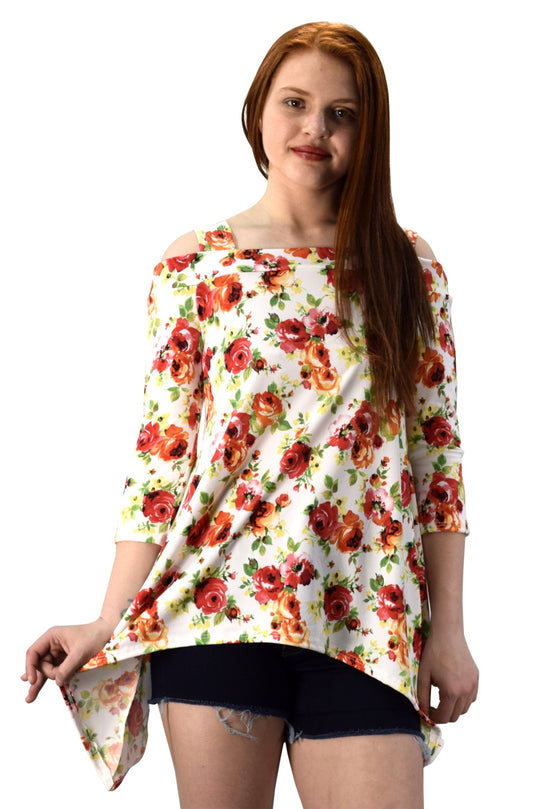 Wholesale Bulk Lot: Womens Cut Out Shoulder 3/4 Sleeve Blouse White Rose XL
