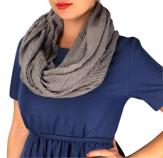 Wholesale Bulk Lot: Grey Sheer Sequin Striped Crinkled Infinity Loop Scarf Reseller Pack
