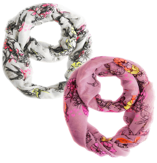 Wholesale Lot: 2 Pack Floral Cherry Blossom Infinity Loop Scarves White & Pink Reseller Bundle
