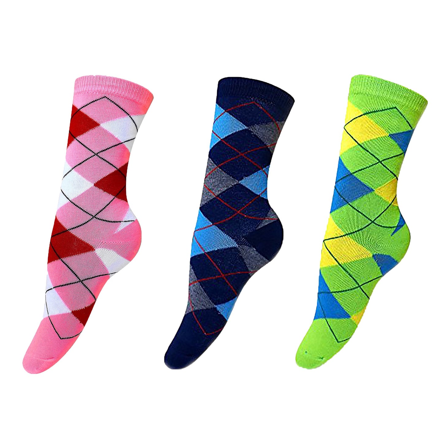 Wholesale Bulk Lot: 3 Pair Pack Vibrant Argyle Crew Socks Size 4-10 Multi Color