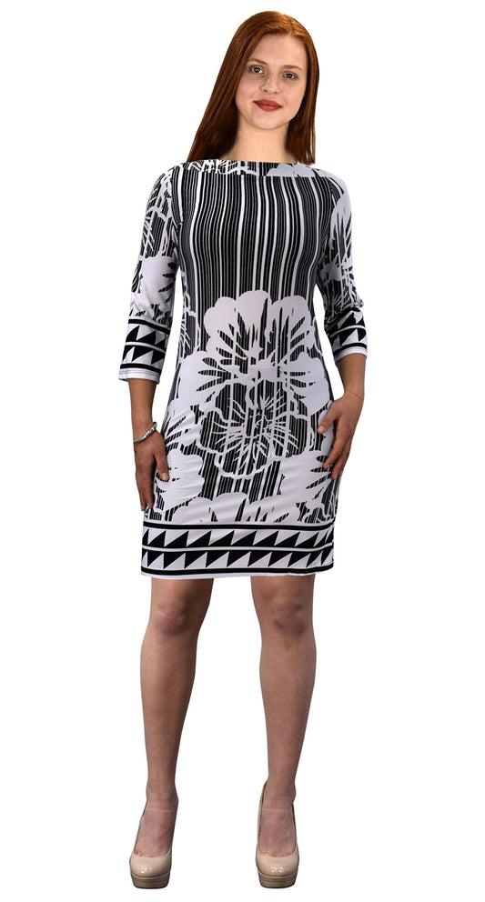 Wholesale Bulk Lot: Floral Border 3/4 Sleeve Shift Dress White Black Small