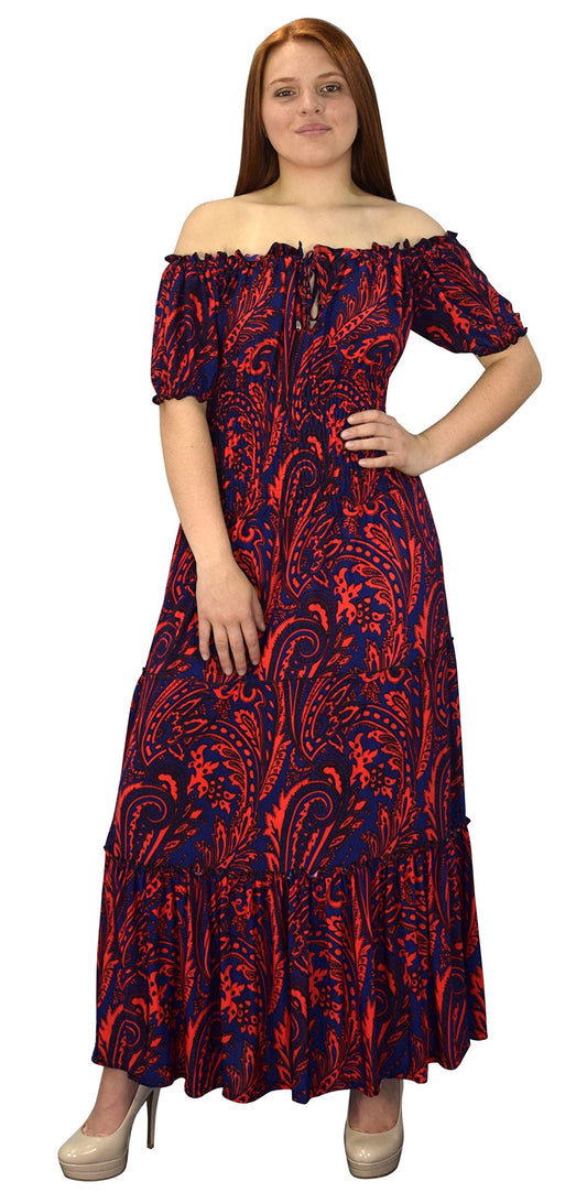 Wholesale Lot: Boho Floral Smocked Waist Renaissance Maxi Dress Navy Red Medium
