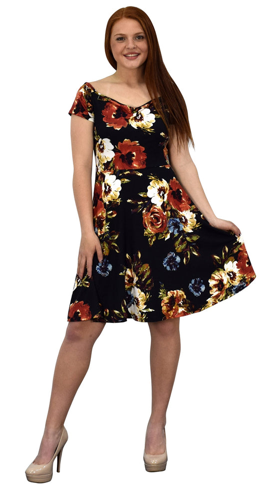 Wholesale Bulk Lot: Floral Print Princess Fit Flare Cocktail Skater Dress Black L