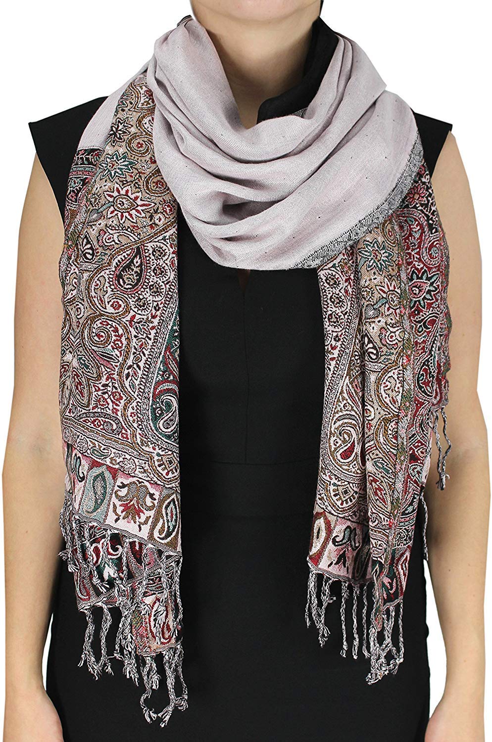 Wholesale Bulk Lot Reversible Paisley Pashmina Shawl Double Layer White Scarf for Resellers
