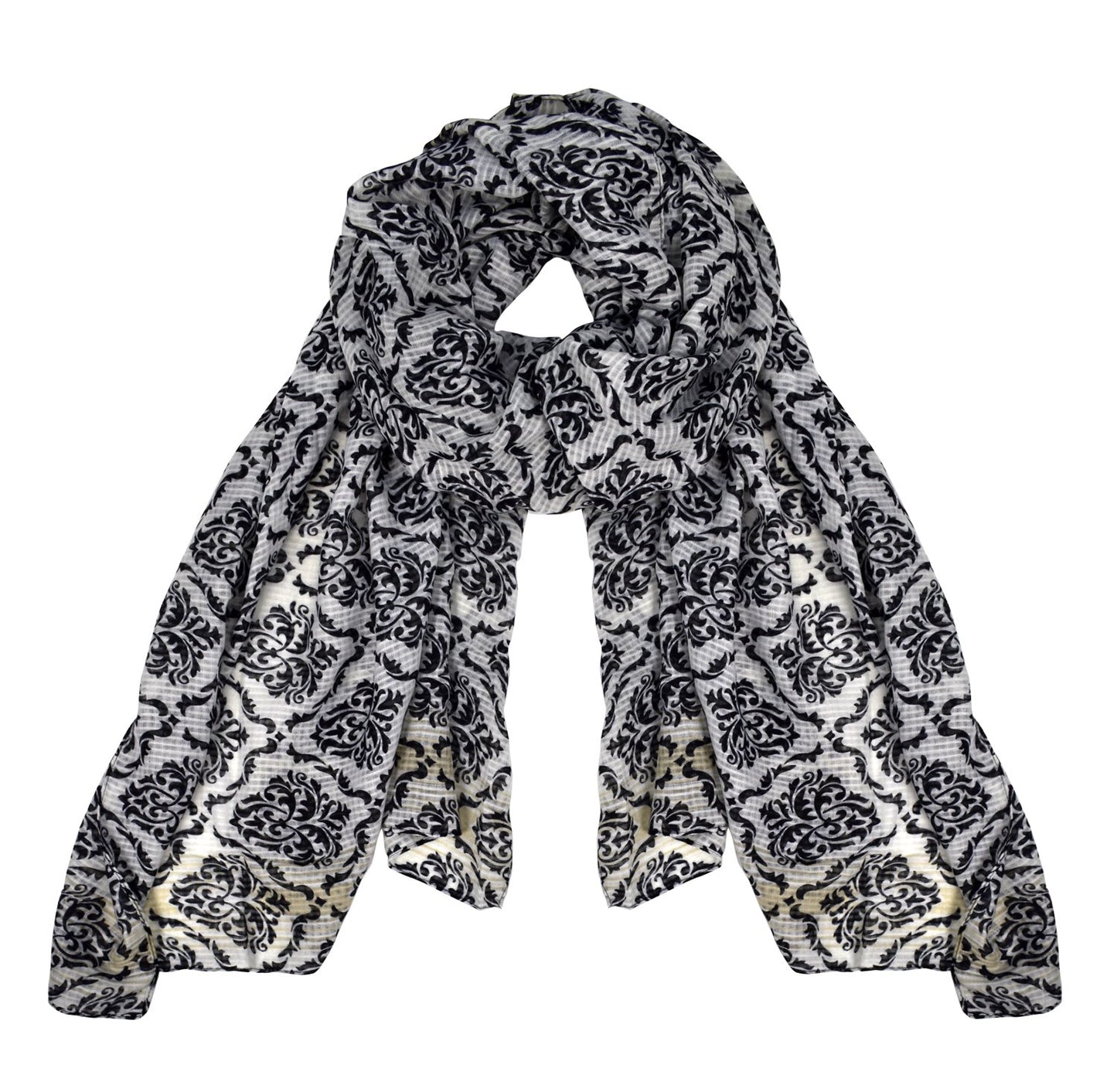 Wholesale Bulk Lot: Damask Print Light Weight Summer Fashion Long Scarf White Black Reseller Pack