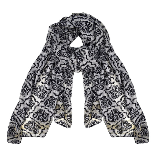 Wholesale Bulk Lot: Damask Print Light Weight Summer Fashion Long Scarf White Black Reseller Pack