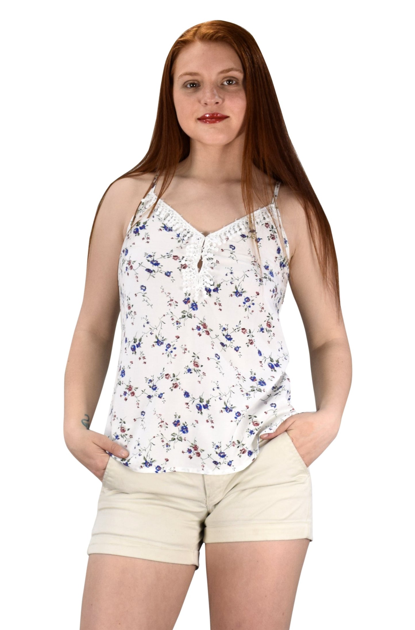 Wholesale Bulk Lot: Blossom Print Laced Neck Spaghetti Strap Blouse White Medium