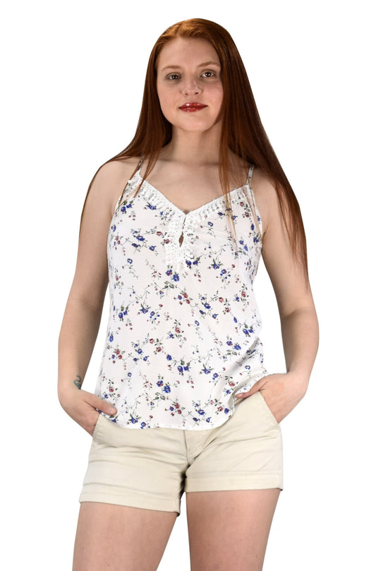 Wholesale Bulk Lot: White Blossoms Print Laced Neck Spaghetti Strap Blouse Large