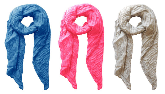 Wholesale Bulk Lot: 3 Pack Solid Crinkled Lightweight Scarf Shawl Wrap Reseller Bundle Fuchsia Blue Silver