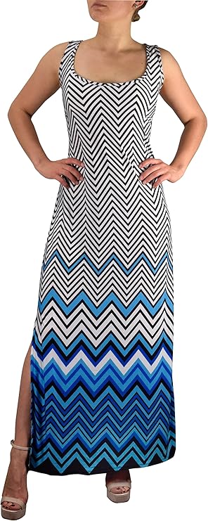 Wholesale Bulk Lot: Womens Boho Striped Chevron Scoop Neck Maxi Dress Blue Large