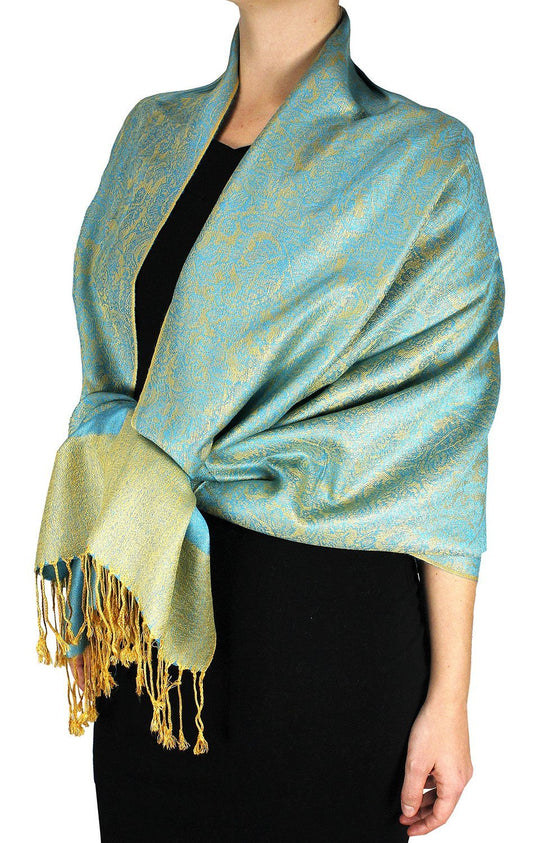 Wholesale Bulk Lot Vintage Two Color Jacquard Paisley Pashmina Shawl Wrap Turquoise Gold for Resellers