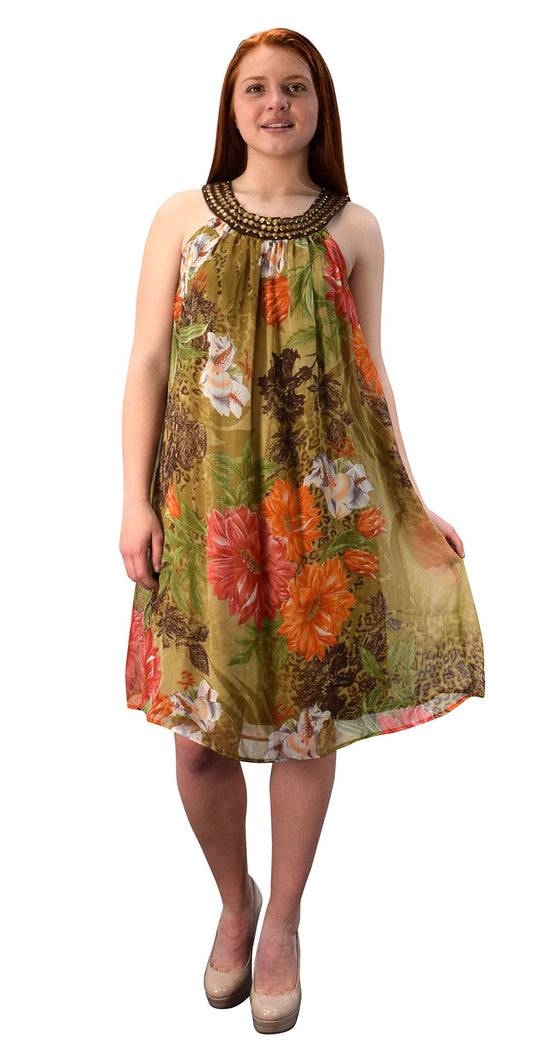 Wholesale Bulk Lot: Floral Frock Midi Dress Embellished Tunic Olive Green Small