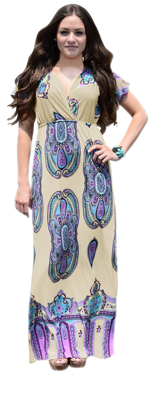Wholesale Bulk Lot: Paisley V Neck Elastic Waist Short Sleeve Maxi Dress Medium