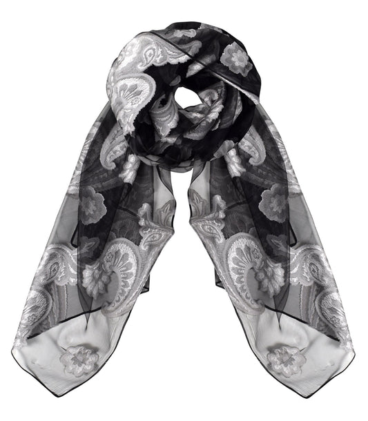 Wholesale Bulk Lot Sheer Embroidered Paisley Burnout Summer Scarf Black Grey for Resellers